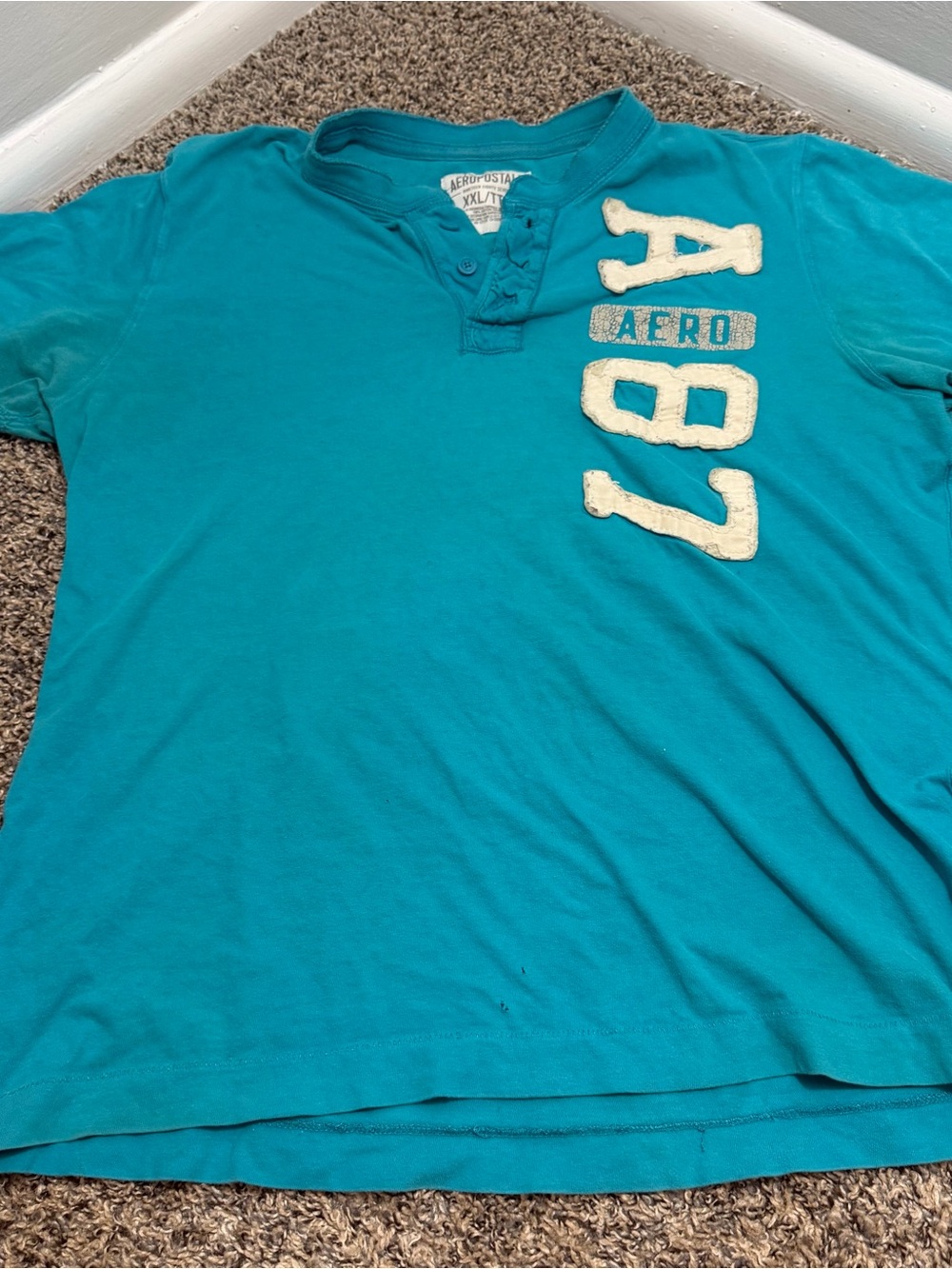 Vintage Aeropostale Teal Henley Shirt with 'A87' Graphic